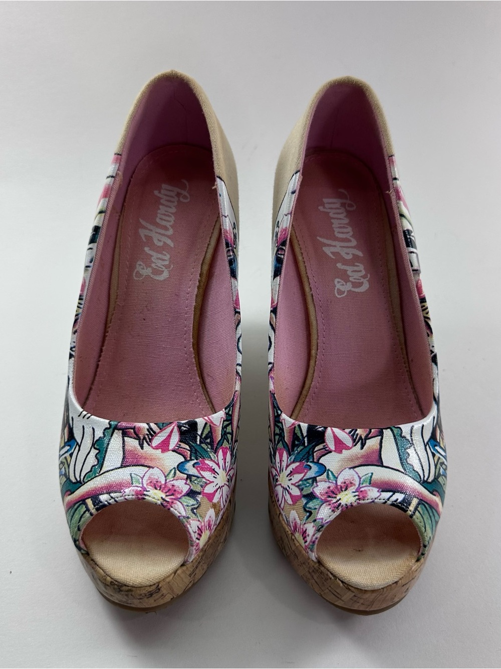 Ed Hardy Floral Tattoo Cork Wedge Peep-Toe Pumps in Pink and Beige - Picture 2 of 5
